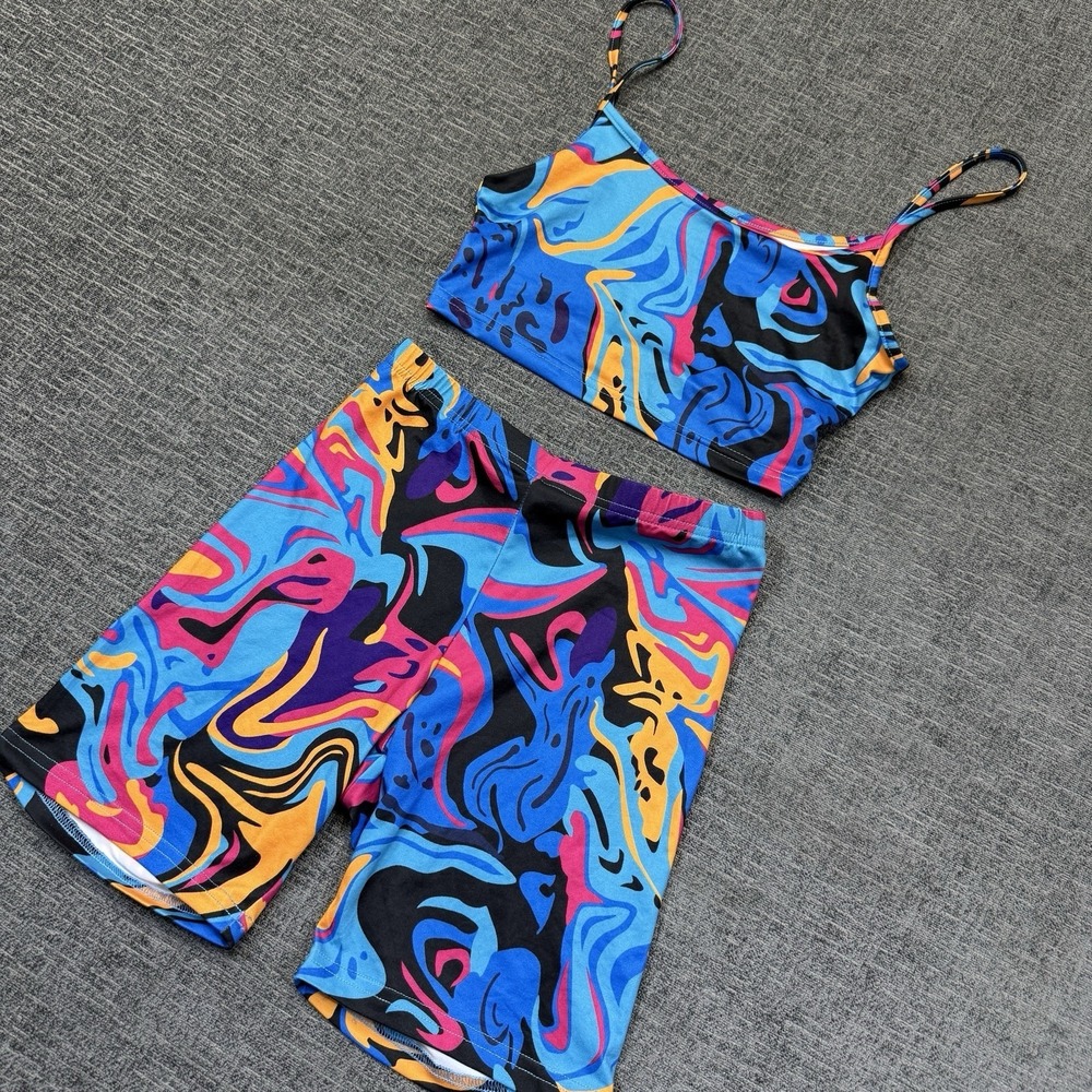 Shein Women XS 2 Piece Abstract Print Crop Top Biker Shorts Set Colorful